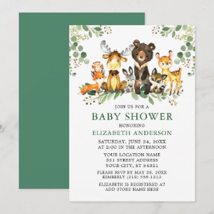 Watercolor Woodland Animals Greenery Baby Shower Invitation