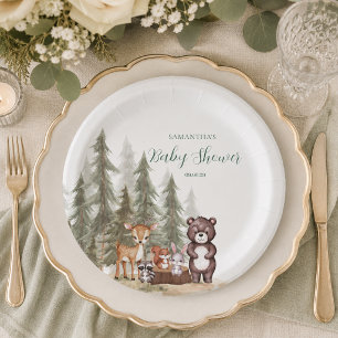 Watercolor woodland animals neutral baby shower paper plate