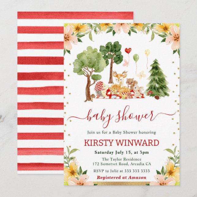 Watercolor Woodland Animals Picnic Baby Shower Invitation (Front/Back)
