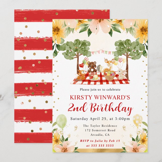 Watercolor Woodland Animals Picnic Kids Birthday Invitation (Front/Back)