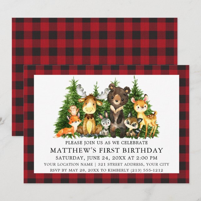 Watercolor Woodland Animals Plaid First Birthday Invitation (Front/Back)