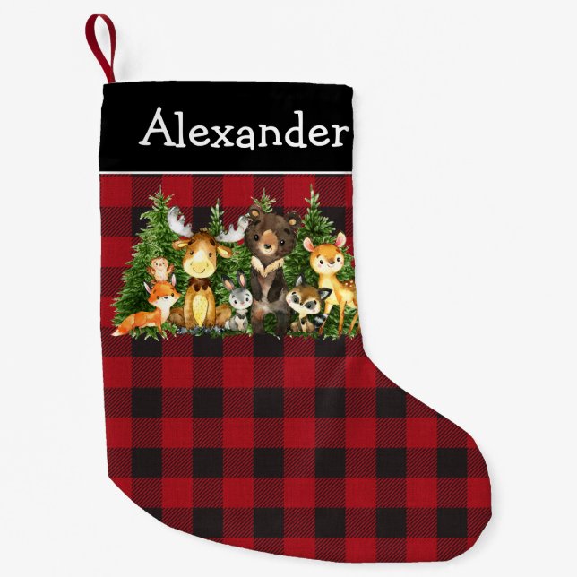 Watercolor Woodland Animals Red Plaid Small Christmas Stocking (Front)
