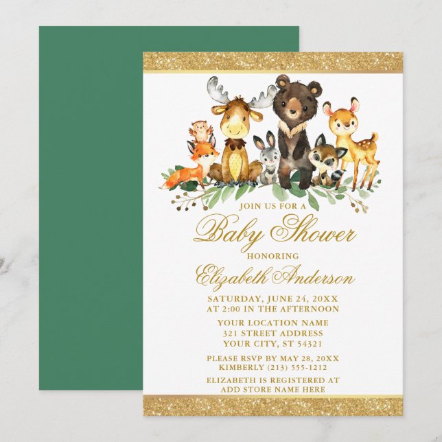Watercolor Woodland Animals Shower Glitter Gold Invitation (Front/Back)