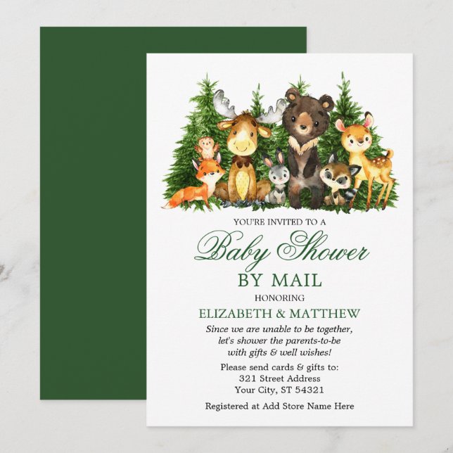 Watercolor Woodland Animals Trees Shower By Mail Invitation (Front/Back)