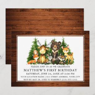 Watercolor Woodland Animals Wood First Birthday Invitation
