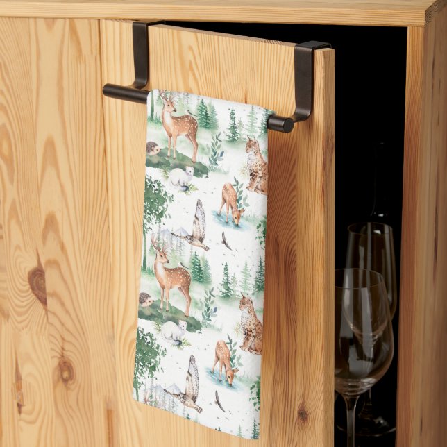 Watercolor Woodland Baby Animal Pattern Kitchen Towel (Thirds Fold)