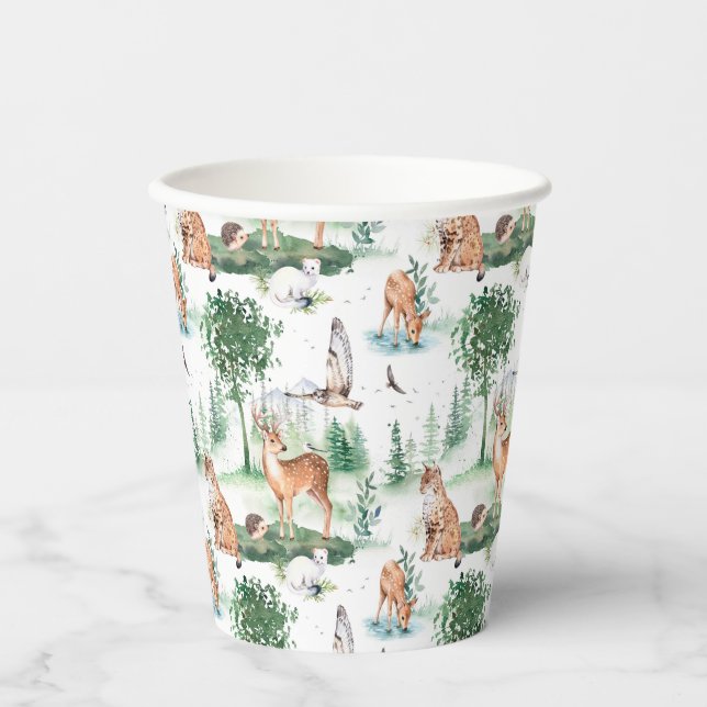Watercolor Woodland Baby Animal Pattern Paper Cups (Front)