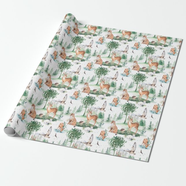 Watercolor Woodland Baby Animal Pattern Wrapping Paper (Unrolled)