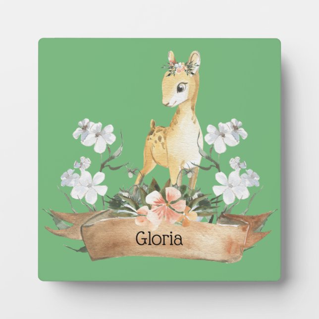 Watercolor Woodland Baby Fawn Custom Name Plaque (Front)