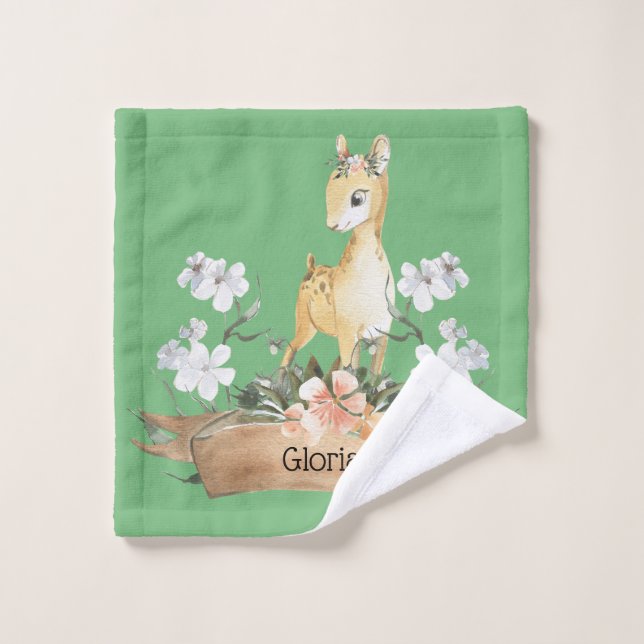 Watercolor Woodland Baby Fawn Custom Name Wash Cloth (Wash Cloth)