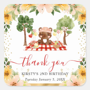 Watercolor Woodland Bear Picnic Birthday Square Sticker
