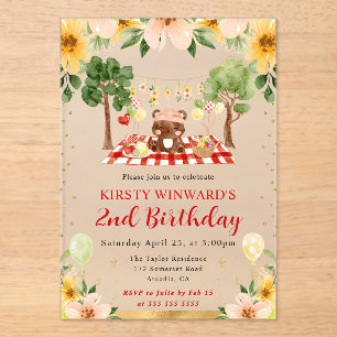 Watercolor Woodland Bear Picnic Kids Birthday Acrylic Invitations