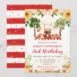 Watercolor Woodland Bear Picnic Kids Birthday Invitation