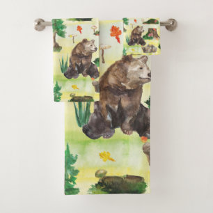 Watercolor Woodland bear with a bear cub Bath Towel Set
