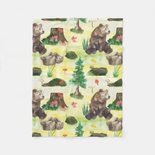 Watercolor Woodland bear with a bear cub Fleece Blanket