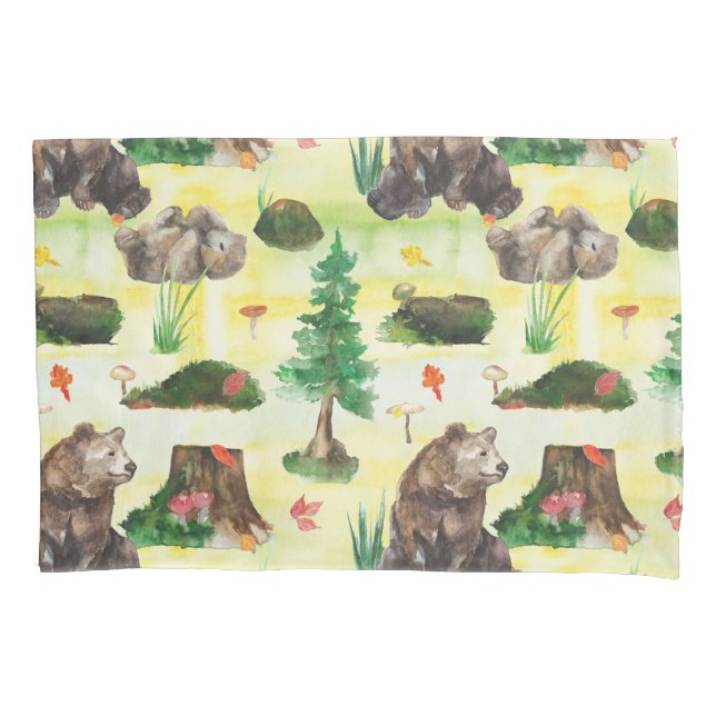 Watercolor Woodland bear with a bear cub Pillowcase (Front)