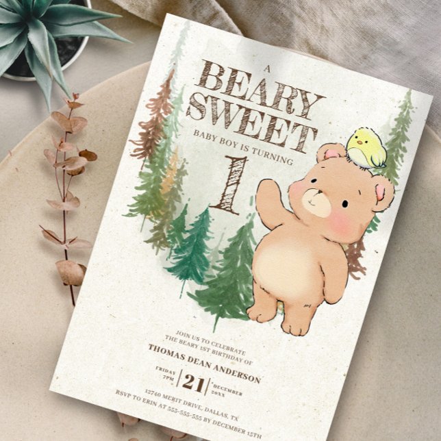 Watercolor Woodland Beary Sweet 1st Birthday Invitation (Creator Uploaded)