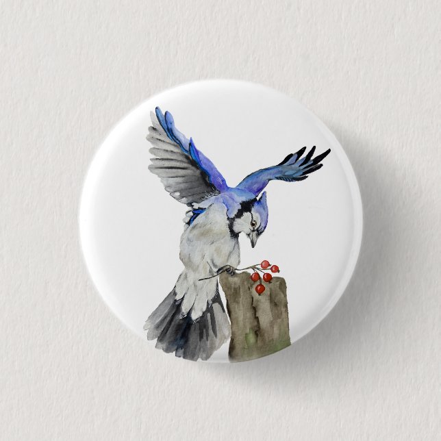 Watercolor woodland bird blue jay 1 inch round button (Front)