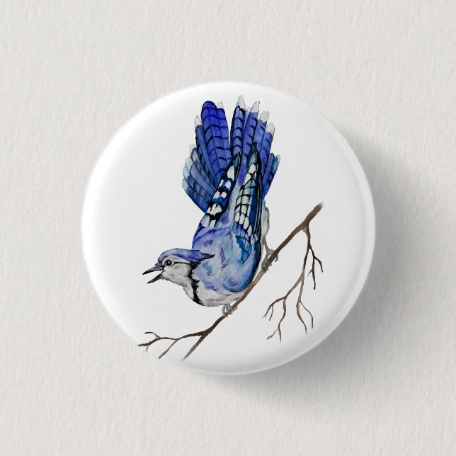 Watercolor woodland bird blue jay 1 inch round button (Front)