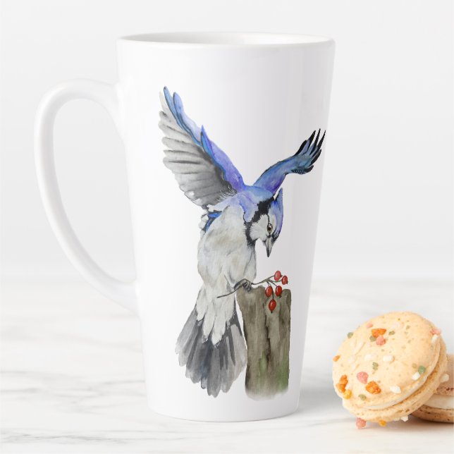 Watercolor woodland bird blue jay latte mug (In Situ)