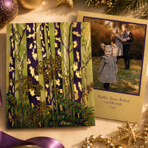 Watercolor Woodland Christmas Peace Photo Gold Foil Holiday Card