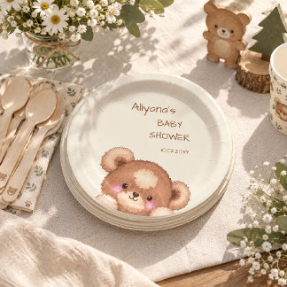 Watercolor Woodland Cute Cub Bear Baby Shower Paper Plate