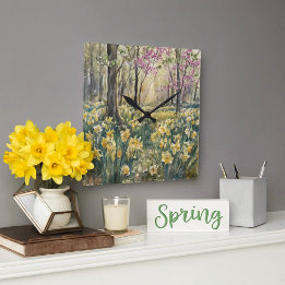 Watercolor Woodland Daffodils Blossoms Square Wall Clock