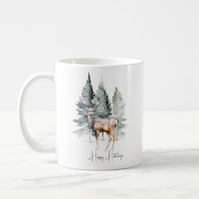 Watercolor Woodland Deer Forest Holiday Coffee Mug (Left)