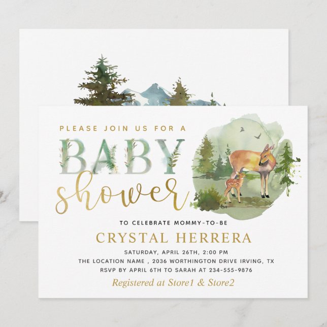 Watercolor Woodland Deer Greenery Baby Shower Invitation (Front/Back)