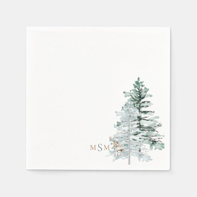 Watercolor Woodland Deer Monogram Cocktail Napkin (Front)