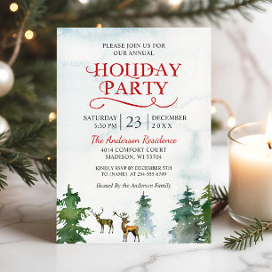 Watercolor Woodland Deer Snow Forest Holiday Party Invitation