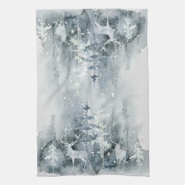 Watercolor, woodland, deer, snow, trees kitchen kitchen towel (Vertical)