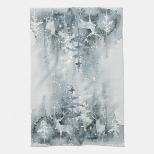 Watercolor, woodland, deer, snow, trees kitchen towel