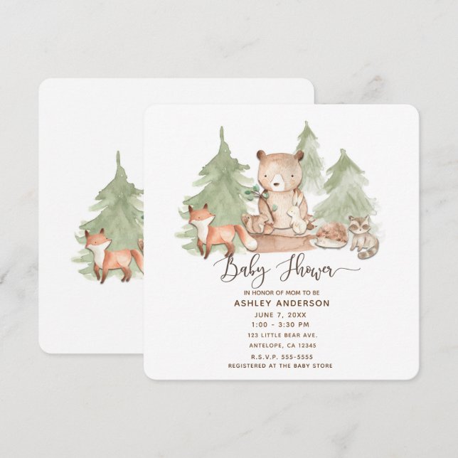 Watercolor Woodland Forest Animals Baby Shower Invitation (Front/Back)