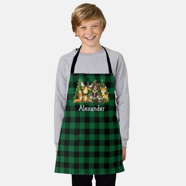 Watercolor Woodland Forest Animals Green Plaid Apron (Worn)