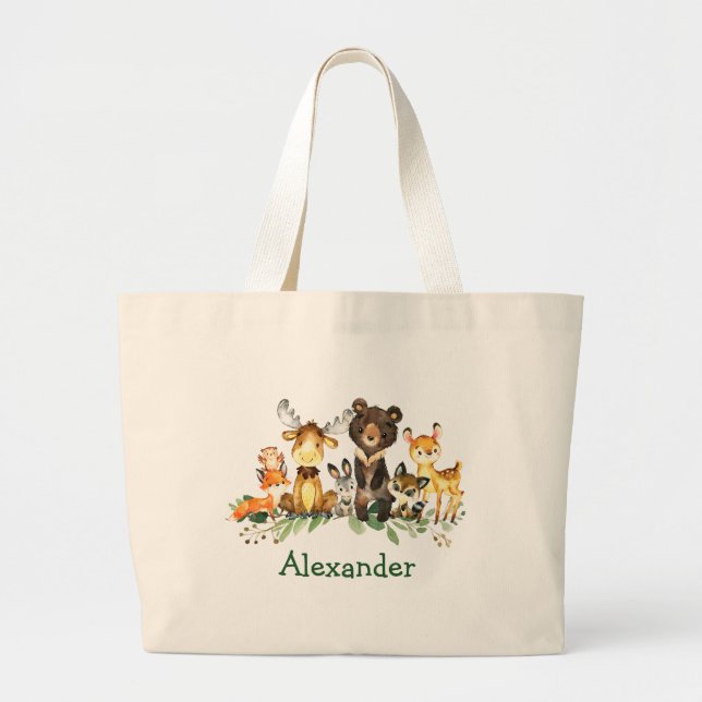Watercolor Woodland Forest Animals Large Tote Bag (Front)