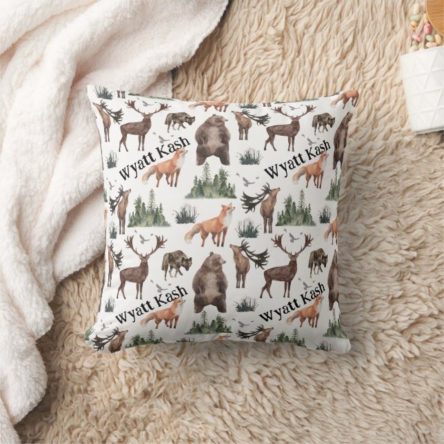 Watercolor Woodland Forest Animals Name Throw Pillow (Blanket)