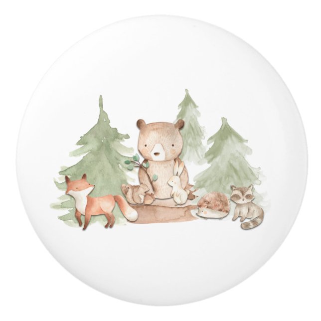 Watercolor Woodland Forest Animals Nursery Bedroom Ceramic Knob (Front)