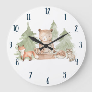 Watercolor Woodland Forest Animals Nursery Bedroom Large Clock