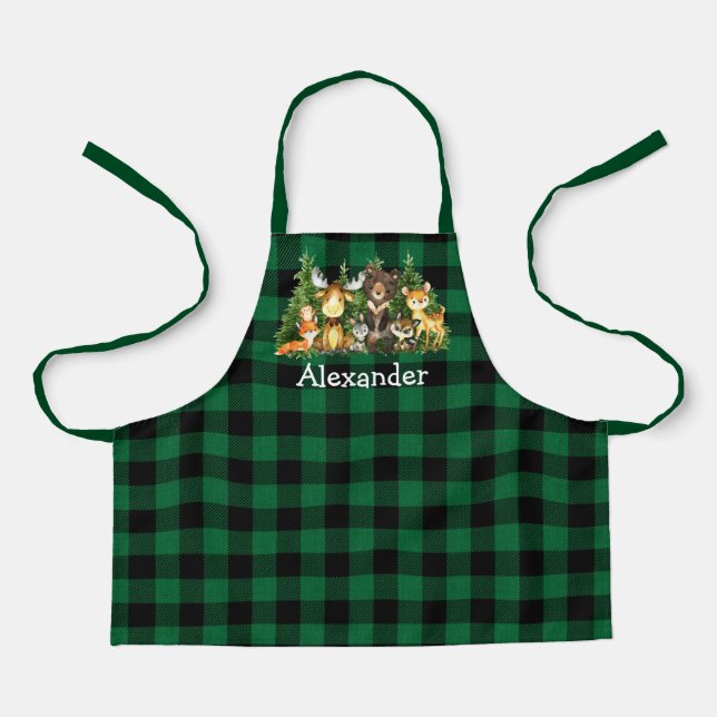 Watercolor Woodland Forest Animals Plaid Green Apron (Front)