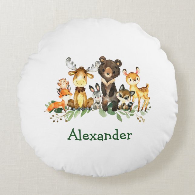 Watercolor Woodland Forest Animals Round Pillow (Front)