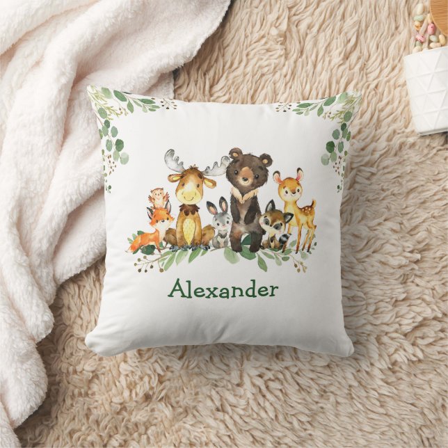 Watercolor Woodland Forest Animals Throw Pillow (Blanket)