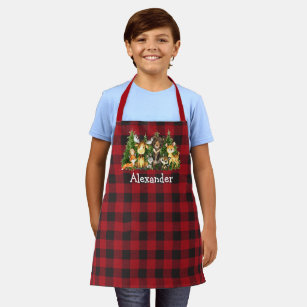 Watercolor Woodland Forest Animals Trees Plaid Apron