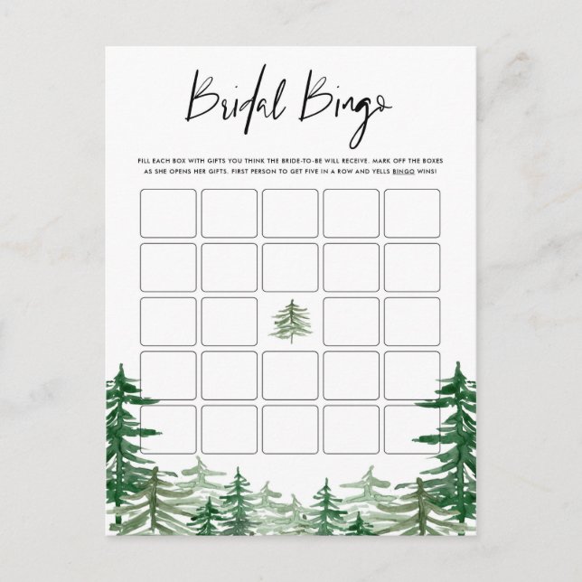 Watercolor Woodland Forest Bridal Bingo Card (Front)
