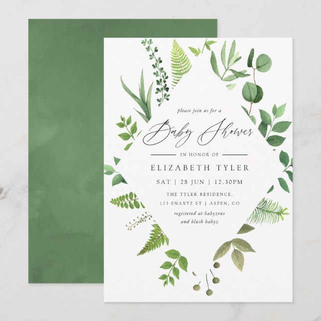 Watercolor Woodland Forest Greenery Baby Shower Invitation (Front/Back)