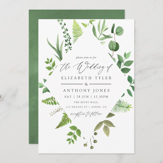 Watercolor Woodland Forest Greenery Wedding Invitation (Front/Back)