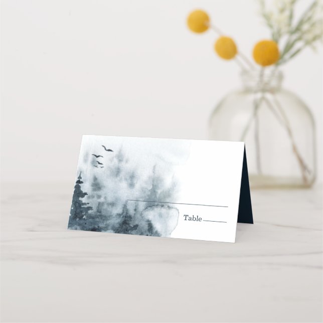 Watercolor Woodland Forest Owl Wedding Place Card (Front)