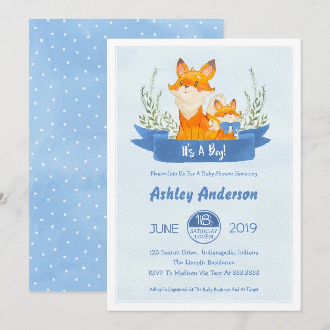 Watercolor Woodland Fox Boy Baby shower Invitation (Devant / Derrière)