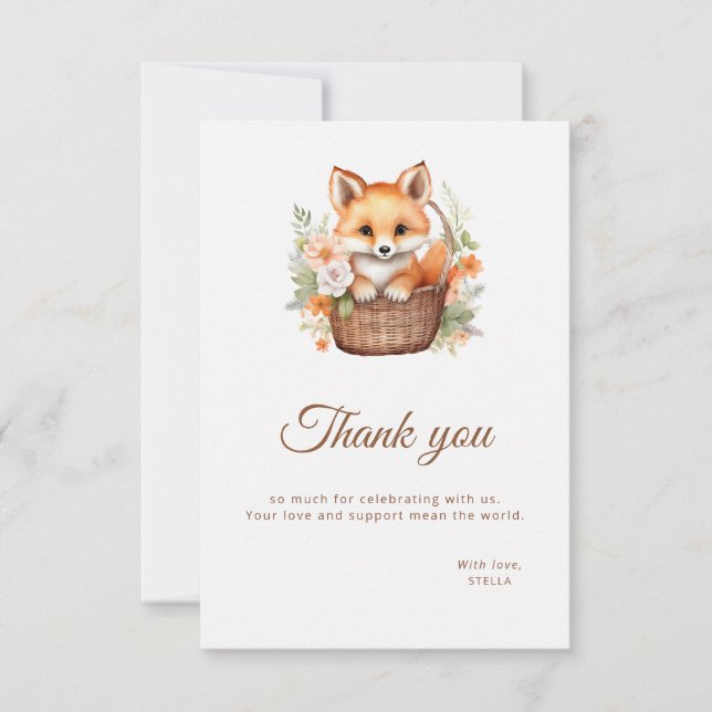 Watercolor Woodland Fox Florals Flat Thank You Card (Front)