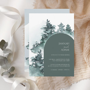 Watercolor Woodland Green Pine Trees Wedding Invitation